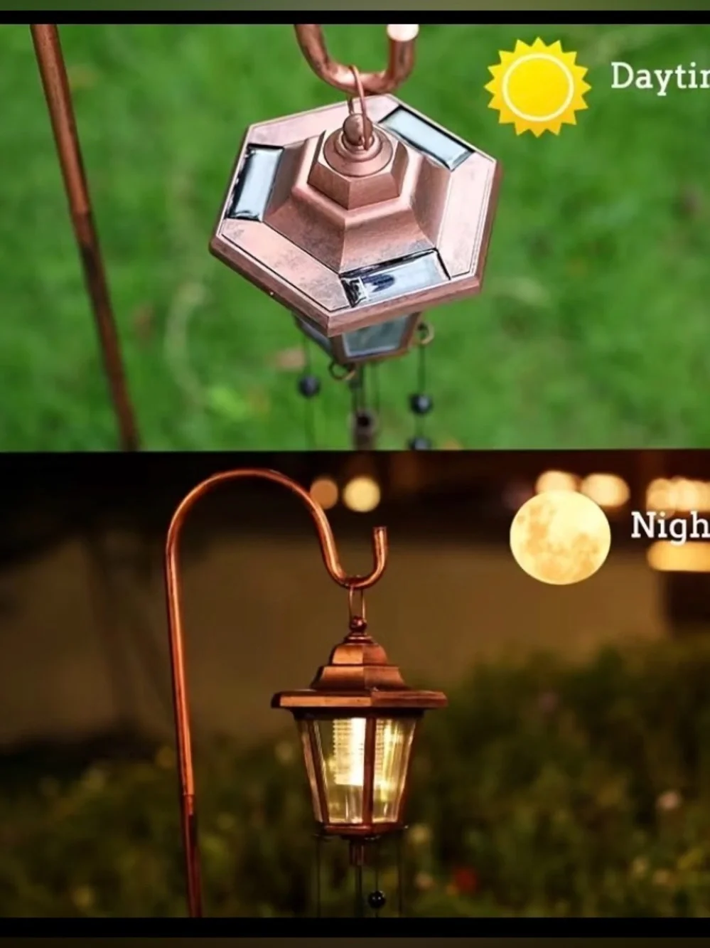 Outdoor Solar Powered Copper Wind Chime Lantern New In Box With Hook
